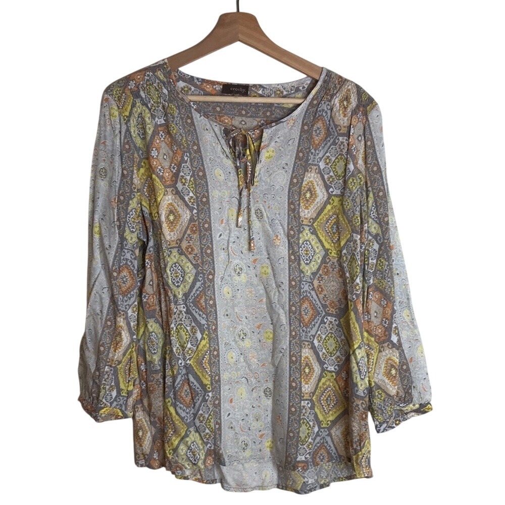 Crosby Women's Lightweight Pullover Semi Sheer Blouse Boho Print Large